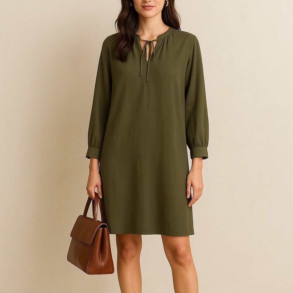 Chico's Poplin Dress with Pockets and Tie Neck Olive Army Green Size Medium